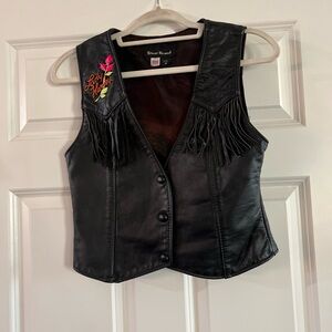 Lady Harley Black Leather Vest with Fringe Medium Steer Brand